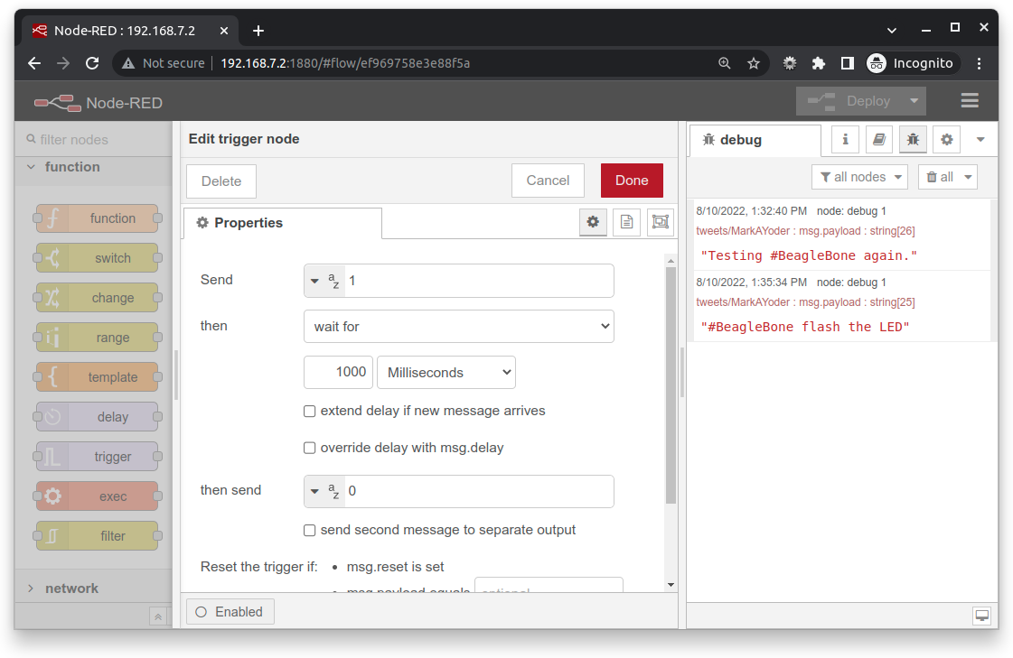 node-red trigger setup